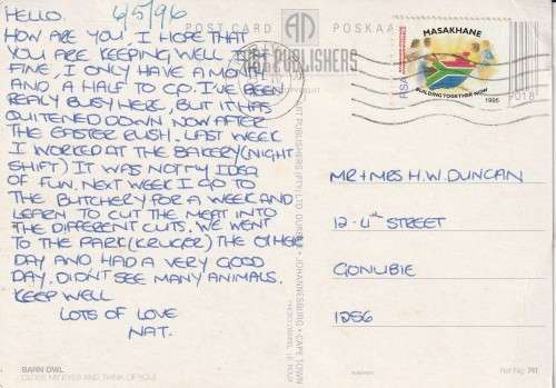 OLD USED POST CARD SOUTH AFRICA