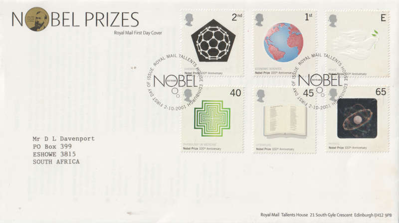 ENGLAND FDC 2001 The 100th Anniversary of the Nobel Prize CV R216
