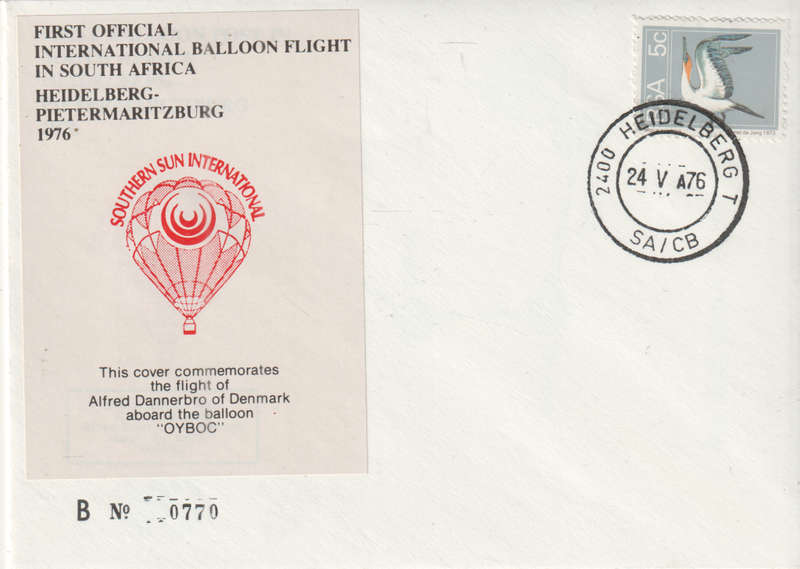 BALLOON FLIGHT FDC 1976 HEIDELBERG TO PMB ALFRED OF DENMARK OYBOC NO 770