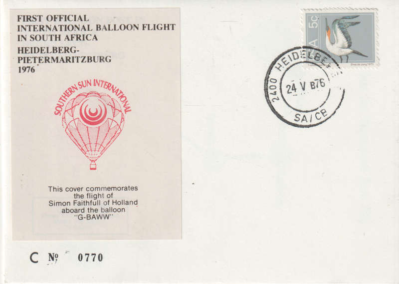 BALLOON FLIGHT FDC 1976 HEIDELBERG TO PMB SIMON OF HOLLAND G-BAWW NO 770