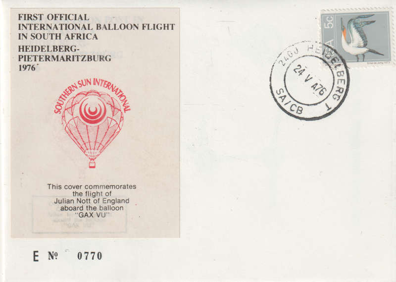 BALLOON FLIGHT FDC 1976 HEIDELBERG TO PMB JULIAN OF ENGLAND GAX VU NO 770