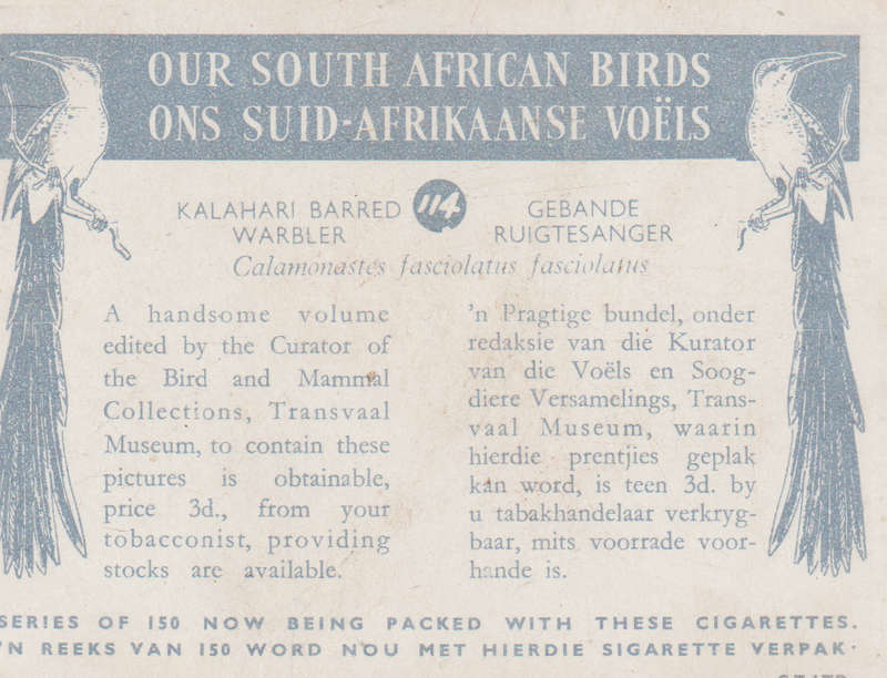 CIGARETTE CARD OUR SOUTH AFRICAN BIRDS NO. 114