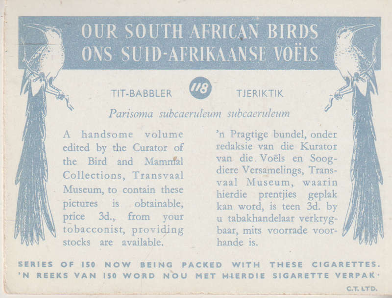 CIGARETTE CARD OUR SOUTH AFRICAN BIRDS NO. 118