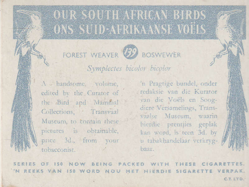 CIGARETTE CARD OUR SOUTH AFRICAN BIRDS NO. 139