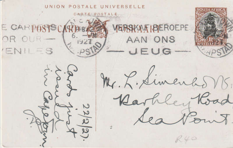 RARE PRE PAID USED POST CARD DURBAN ESPLANADE 1927
