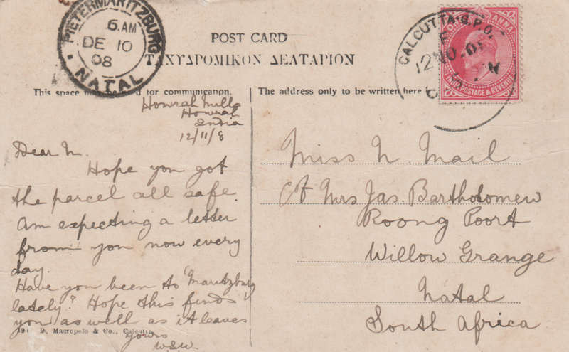 USED POST CARD CALCUTTA 1908