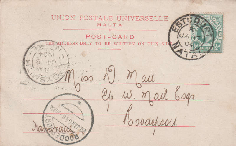 USED POST CARD MALTA POSTED IN NATAL 1904