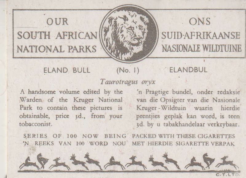 CIGARETTE CARD OUR SOUTH AFRICAN NATIONAL PARKS NO 1