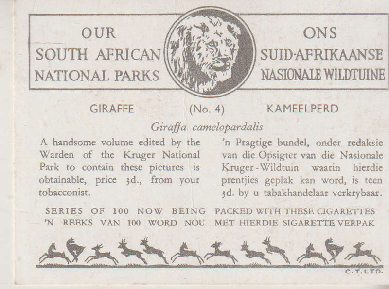 CIGARETTE CARD OUR SOUTH AFRICAN NATIONAL PARKS NO 4