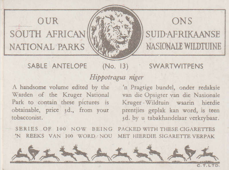 CIGARETTE CARD OUR SOUTH AFRICAN NATIONAL PARKS NO 13