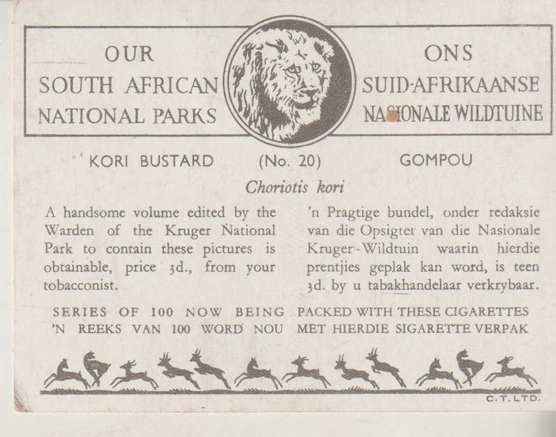 CIGARETTE CARD OUR SOUTH AFRICAN NATIONAL PARKS NO 20