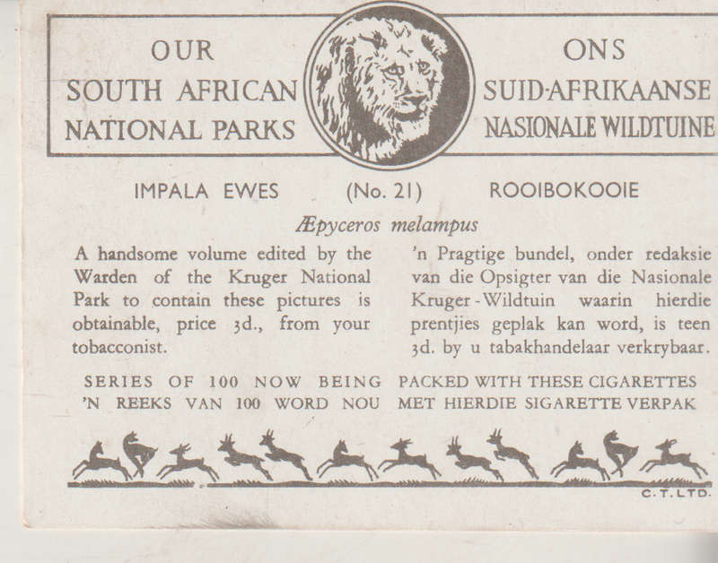 CIGARETTE CARD OUR SOUTH AFRICAN NATIONAL PARKS NO 21