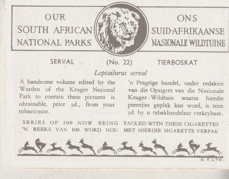 CIGARETTE CARD OUR SOUTH AFRICAN NATIONAL PARKS NO 22