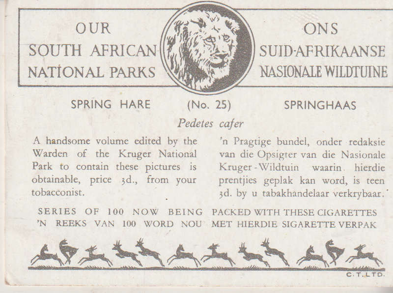 CIGARETTE CARD OUR SOUTH AFRICAN NATIONAL PARKS NO 25