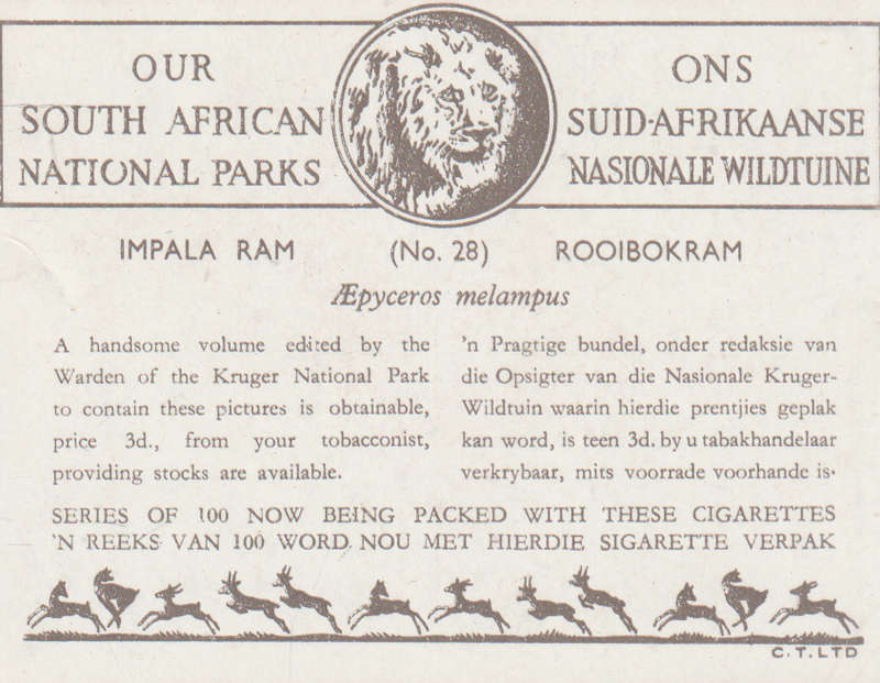 CIGARETTE CARD OUR SOUTH AFRICAN NATIONAL PARKS NO 28