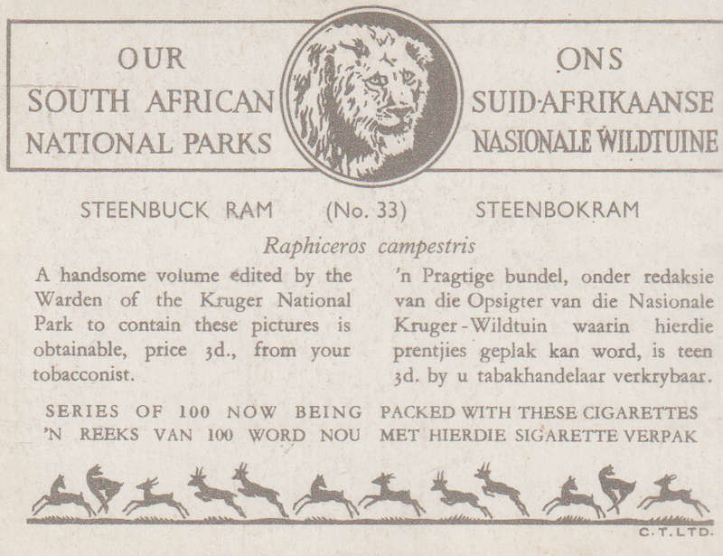 CIGARETTE CARD OUR SOUTH AFRICAN NATIONAL PARKS NO 33