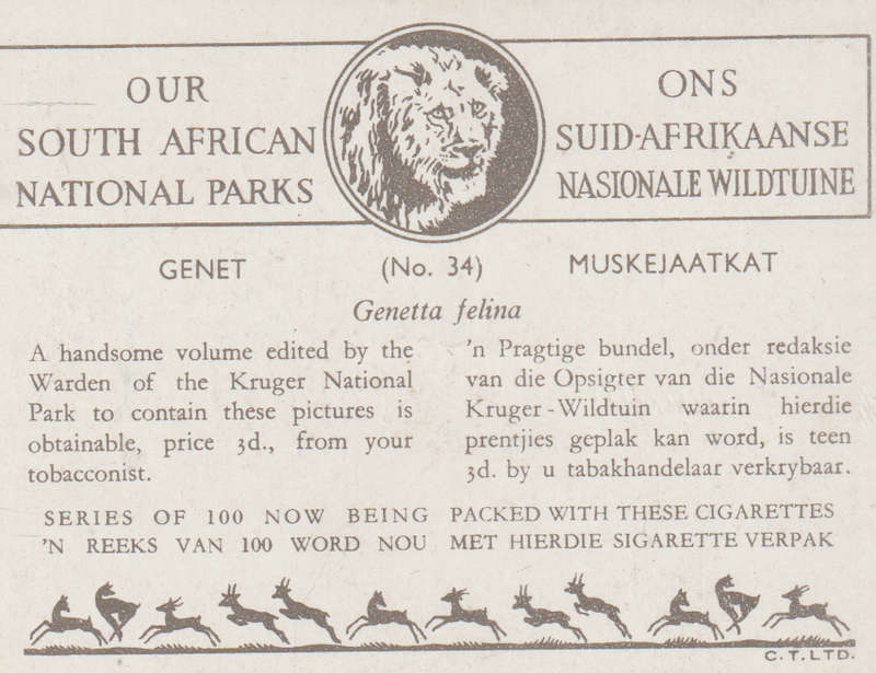 CIGARETTE CARD OUR SOUTH AFRICAN NATIONAL PARKS NO 34