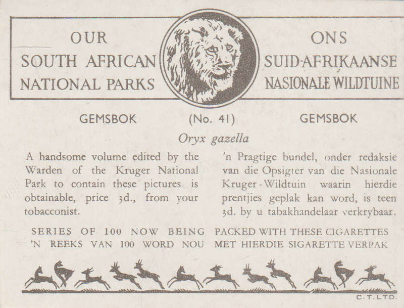 CIGARETTE CARD OUR SOUTH AFRICAN NATIONAL PARKS NO 41