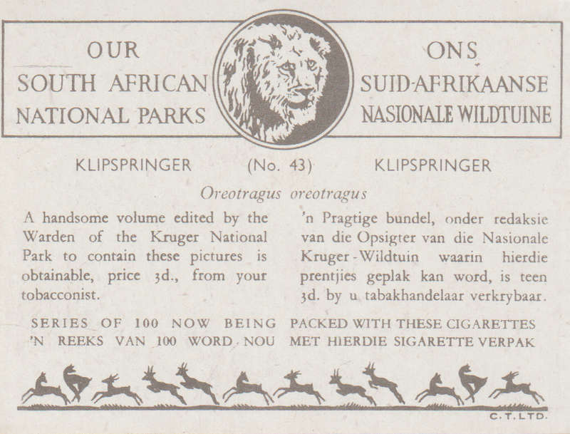 CIGARETTE CARD OUR SOUTH AFRICAN NATIONAL PARKS NO 43