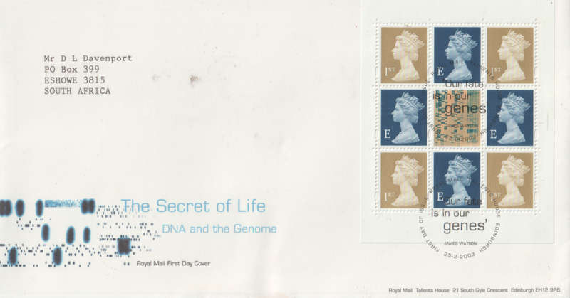 GB FDC 2003 DNA AND GENOME DX30 LIGHT FOXING AT BOTTOM