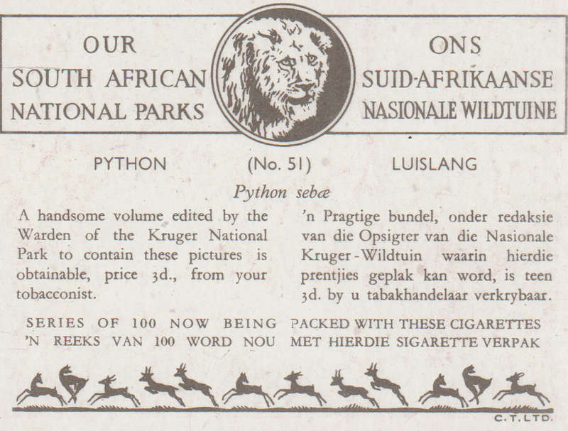 CIGARETTE CARD OUR SOUTH AFRICAN NATIONAL PARKS  NO 51