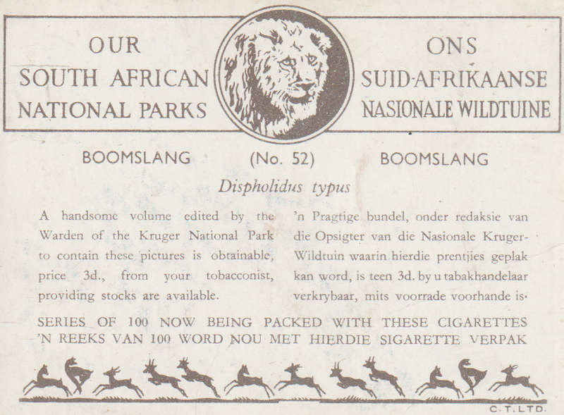 CIGARETTE CARD OUR SOUTH AFRICAN NATIONAL PARKS  NO 52