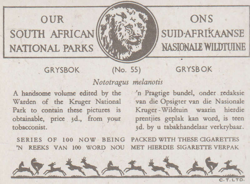 CIGARETTE CARD OUR SOUTH AFRICAN NATIONAL PARKS  NO 55