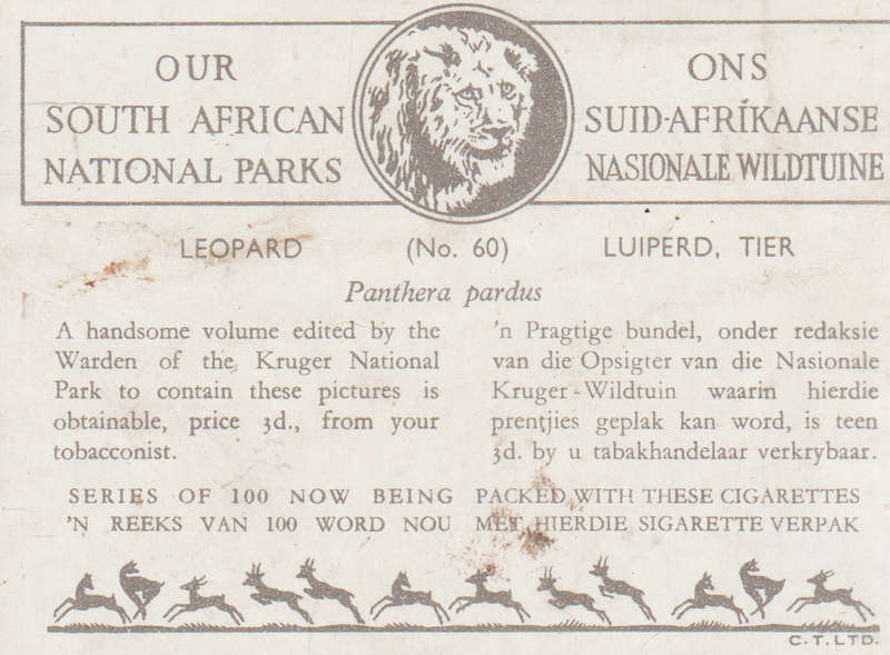 CIGARETTE CARD OUR SOUTH AFRICAN NATIONAL PARKS  NO 60