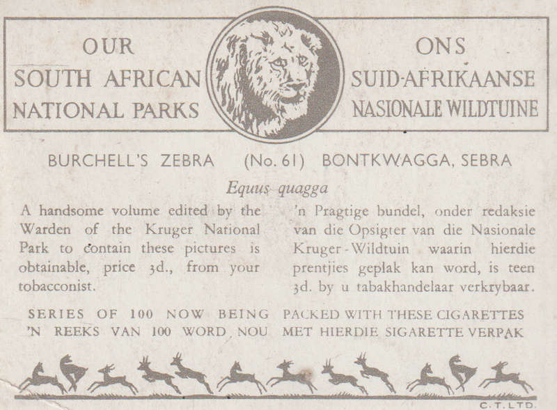 CIGARETTE CARD OUR SOUTH AFRICAN NATIONAL PARKS  NO 61