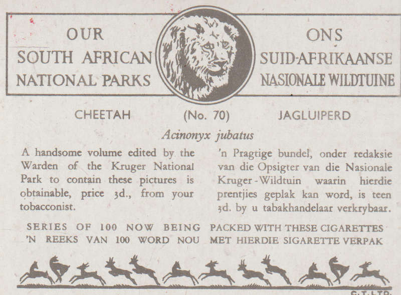 CIGARETTE CARD OUR SOUTH AFRICAN NATIONAL PARKS  NO 70