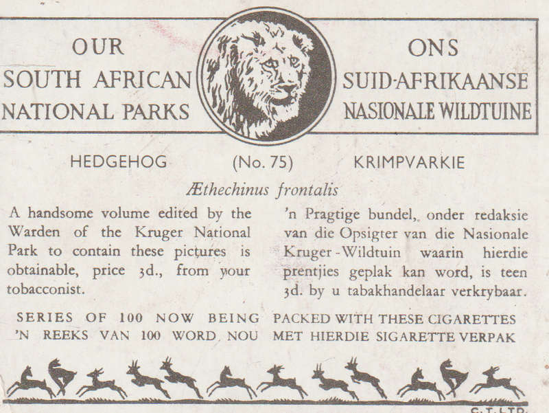 CIGARETTE CARD OUR SOUTH AFRICAN NATIONAL PARKS  NO 75