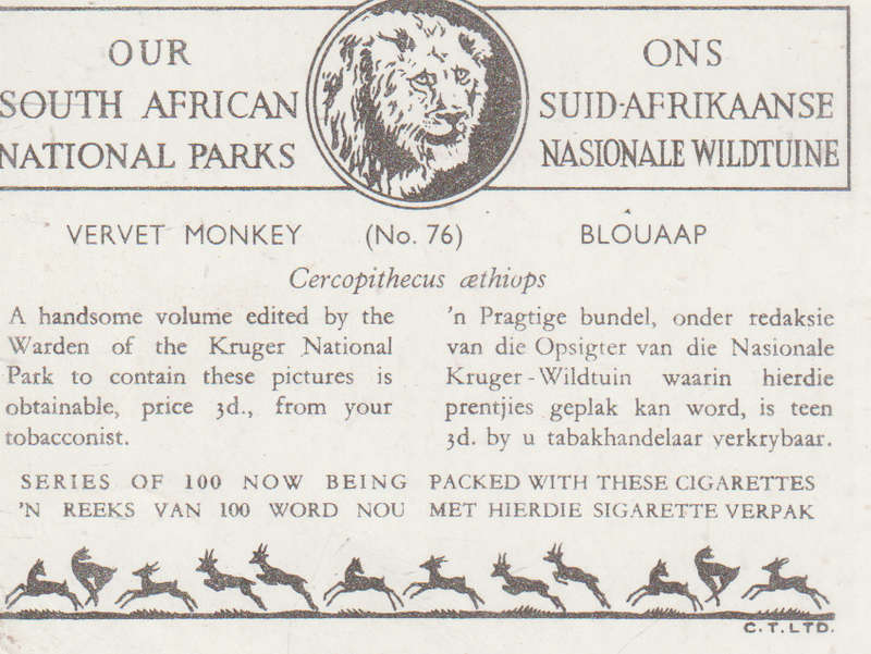 CIGARETTE CARD OUR SOUTH AFRICAN NATIONAL PARKS  NO 76