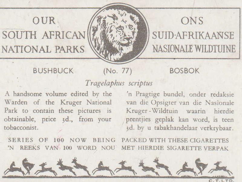 CIGARETTE CARD OUR SOUTH AFRICAN NATIONAL PARKS  NO 78