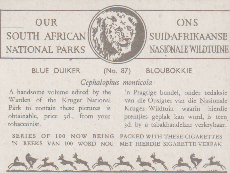 CIGARETTE CARD OUR SOUTH AFRICAN NATIONAL PARKS  NO 87