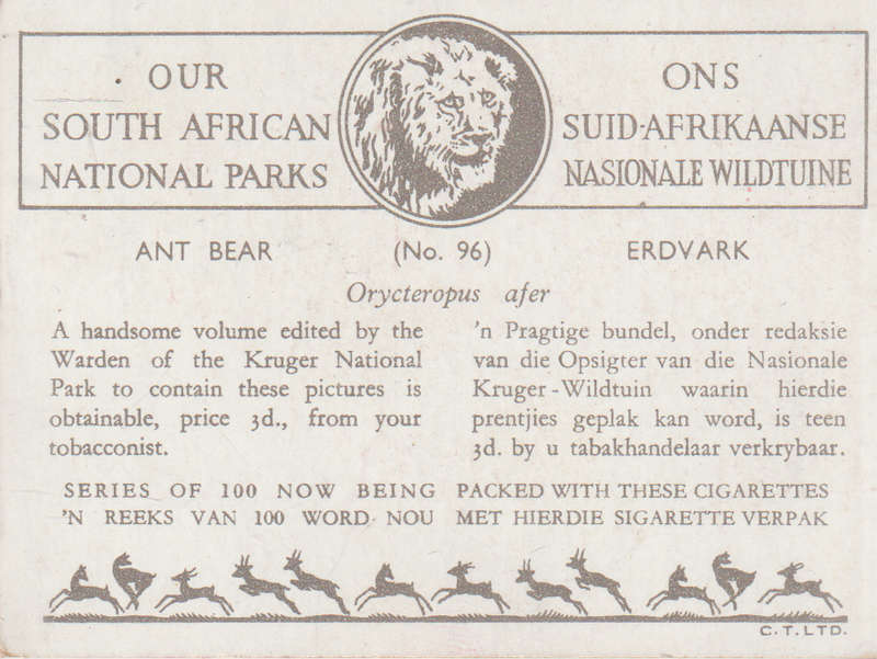 CIGARETTE CARD OUR SOUTH AFRICAN NATIONAL PARKS NO 96