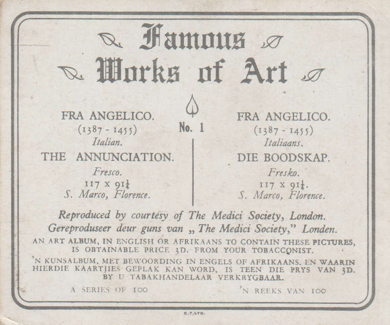 CIGARETTE CARD FAMOUS WORKS OF ART NO 1