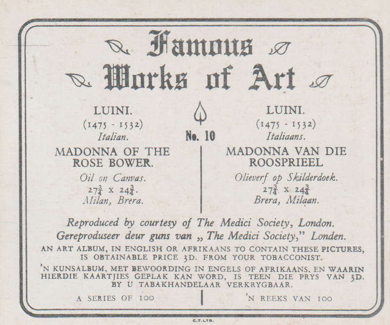 CIGARETTE CARD FAMOUS WORKS OF ART NO 10