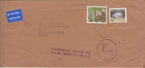 ZIMBABWE POSTAL HISTORY INSUFFICIENT PREPAID FOR TRANSMISSION BY AIRMAIL