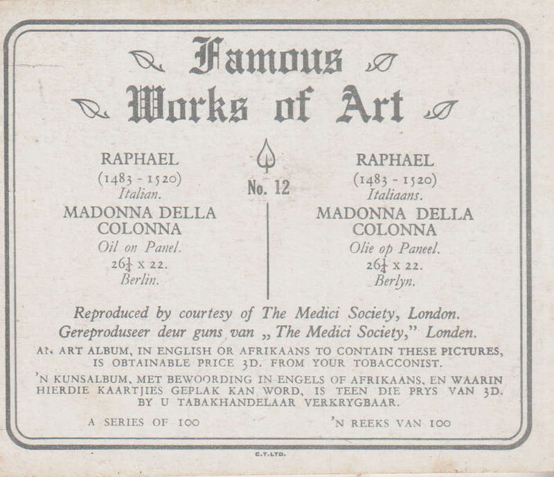 CIGARETTE CARD FAMOUS WORKS OF ART NO 12
