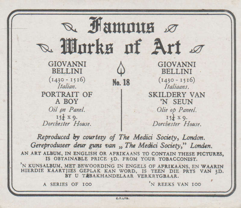 CIGARETTE CARD FAMOUS WORKS OF ART NO 18