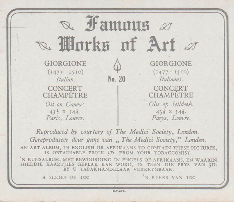 CIGARETTE CARD FAMOUS WORKS OF ART NO 20