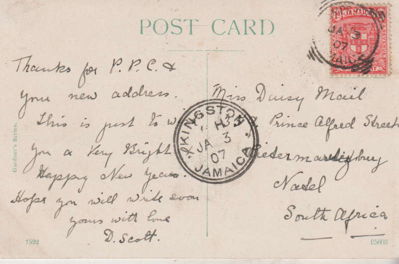 USED POST CARD WITH POSTAL HISTORY JAMAICA 1907