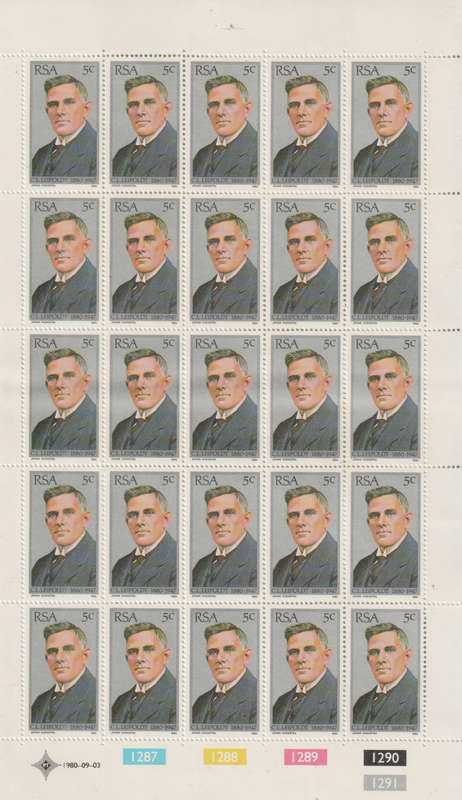 RSA 1980 The 100th Anniversary of the Birth of C. L. Leipoldt, Poet UMM FULL SHEET SACC 483