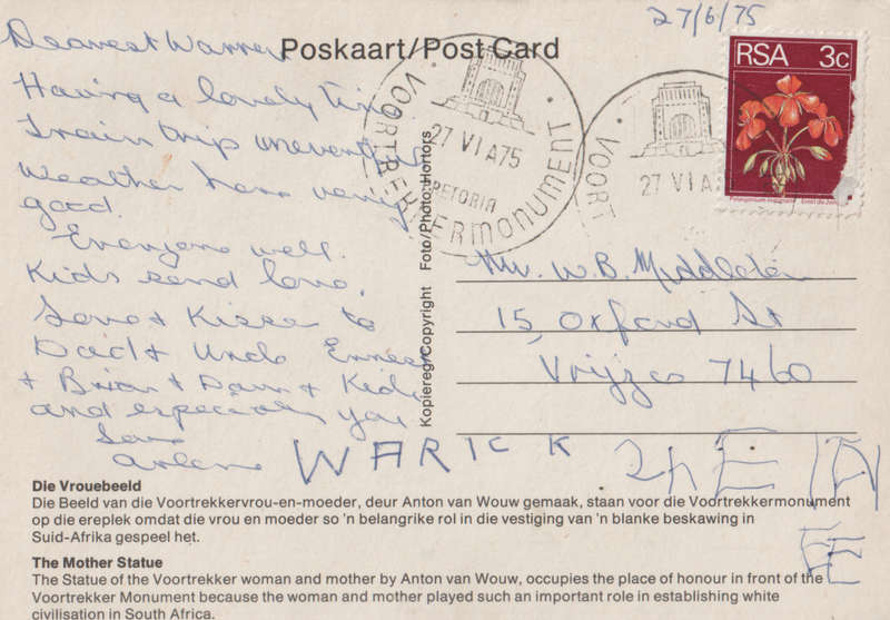 USED POST CARD SA VOORTREKKER MONUMENT