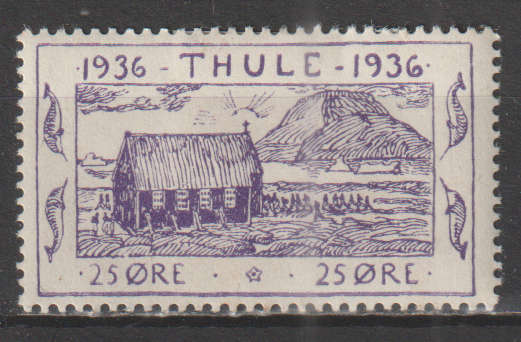 1936 THULE MLH 25 ORE STAMP MICHEL #T3 GREENLAND CHURCH
