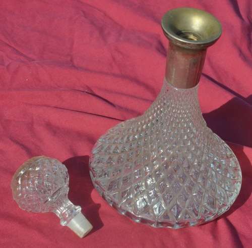 ANTIQUE HANDCUT CRYSTAL (?) DECANTER WITH MASSIVE METAL NECK - read instructions