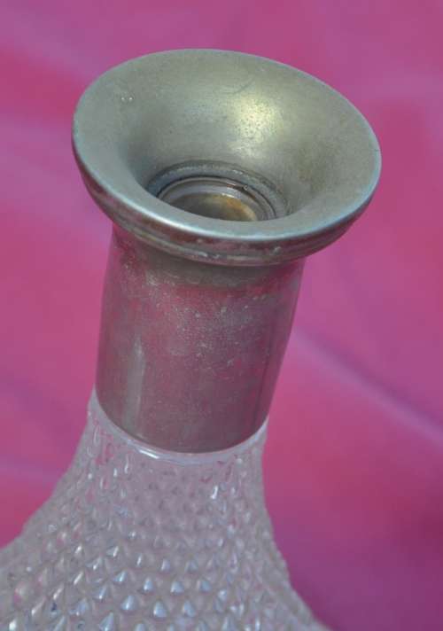 ANTIQUE HANDCUT CRYSTAL (?) DECANTER WITH MASSIVE METAL NECK - read instructions