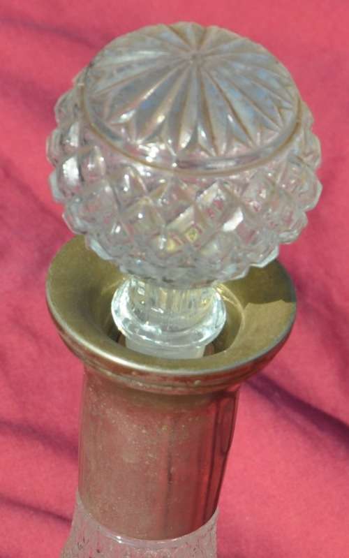 ANTIQUE HANDCUT CRYSTAL (?) DECANTER WITH MASSIVE METAL NECK - read instructions