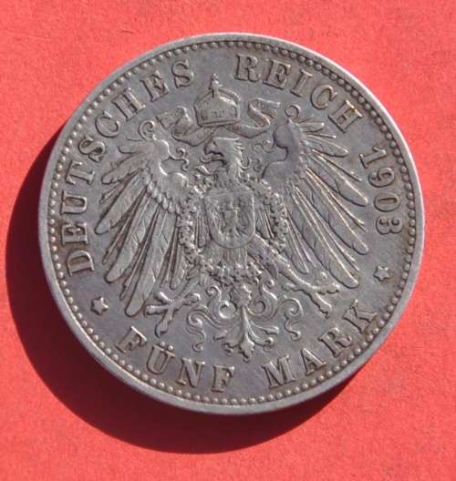 DEUTSCHES REICH 5 MARK 1903 A PRUSSIA Rare German 90% Silver Coin in excellent condition