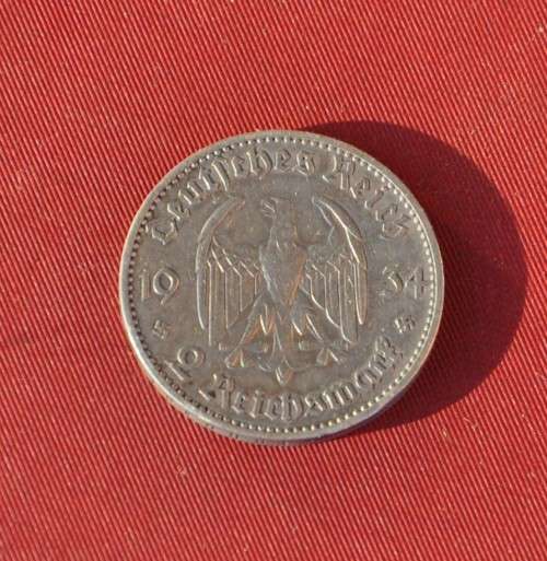 DEUTSCHES REICH - 2 REICHSMARK 1934 F CHURCH DATE - 62.5% Ag - rare German numismatic collectible
